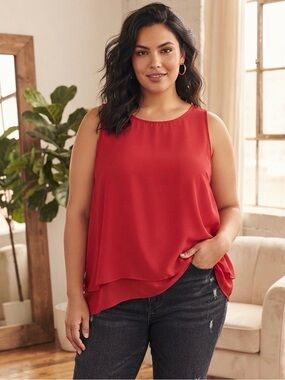 Saint Tropez West Red Layered Sleeveless Blouse Tank Top Size L Flowy Polyester